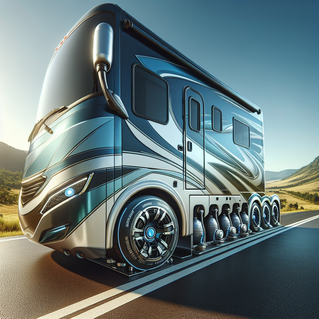 A modern RV with visible tire pressure monitoring systems on the road.