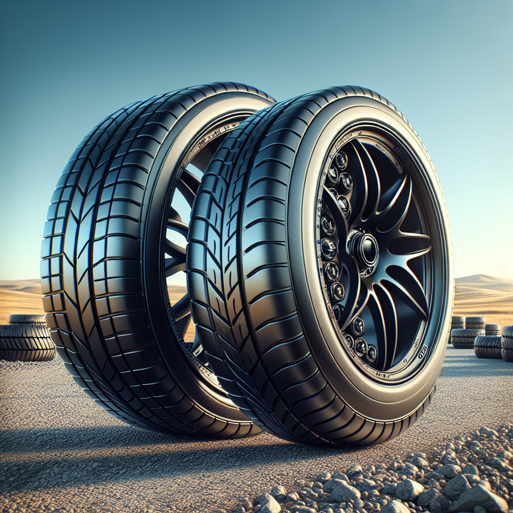 Two car tires labeled with 'A' and 'B' ratings on a gravel road.