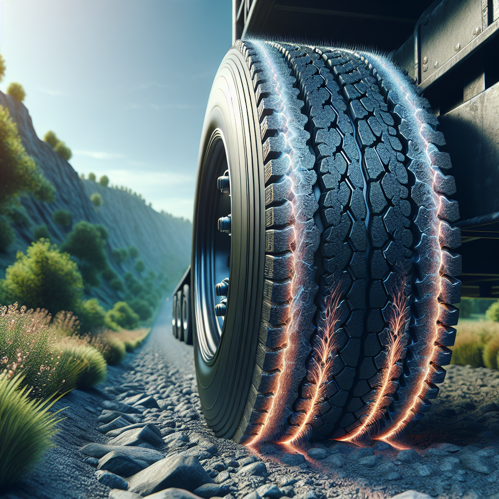 A close-up of a trailer tire on a rugged road, emphasizing its surface texture and surroundings.