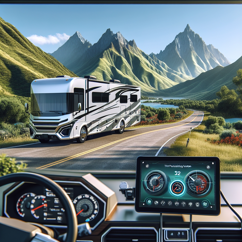 An RV parked on a scenic highway with mountains, showcasing a tire pressure monitoring system display.
