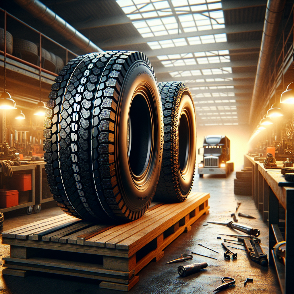 A side-by-side comparison of two trailer tires labeled 'A' and 'B' in a workshop setting.