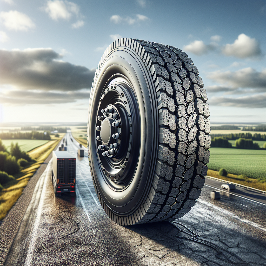 A close-up of a trailer tire on asphalt with a blurred highway and green fields in the background.