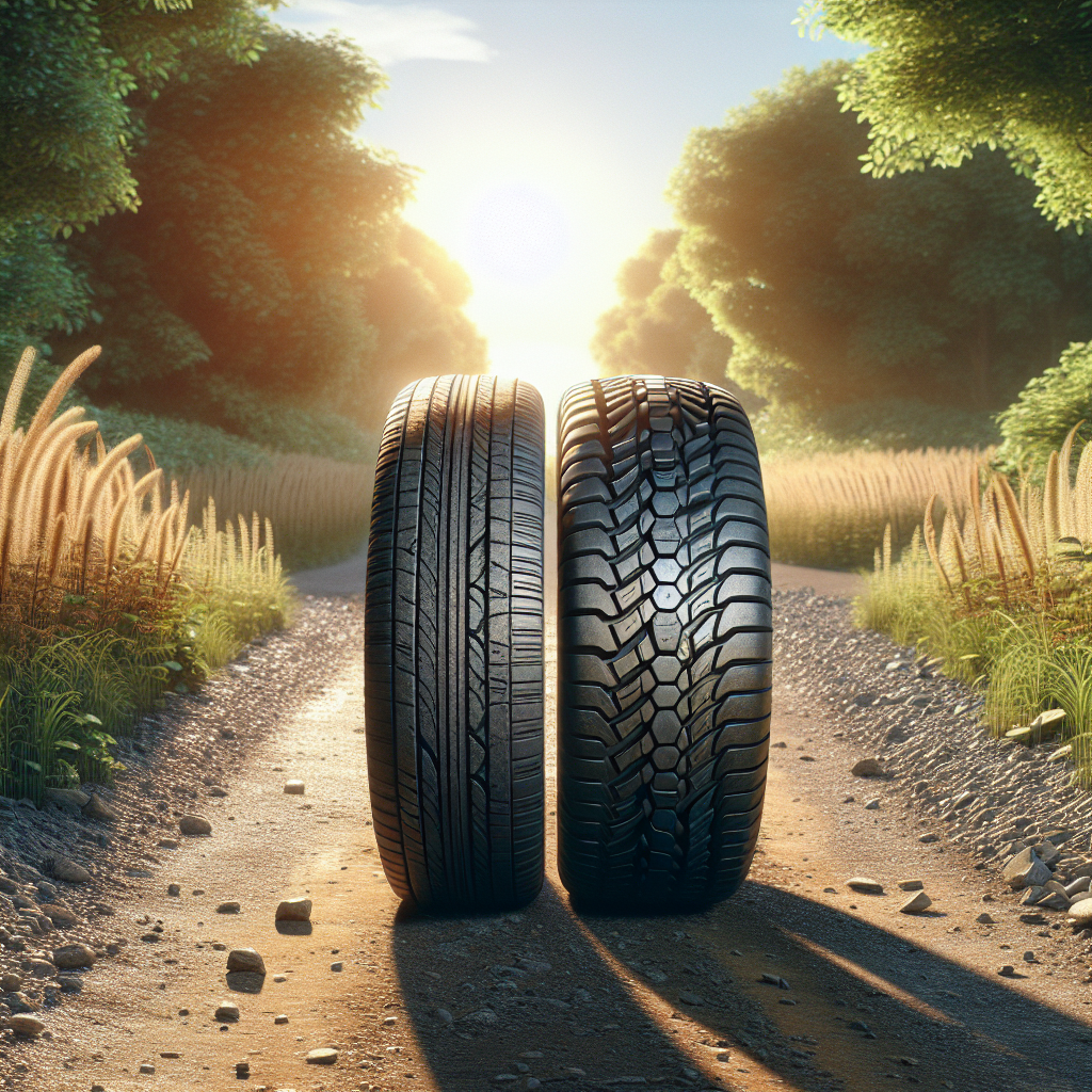 Side by side comparison of two tires labeled A and B, showcasing differences in design and performance.