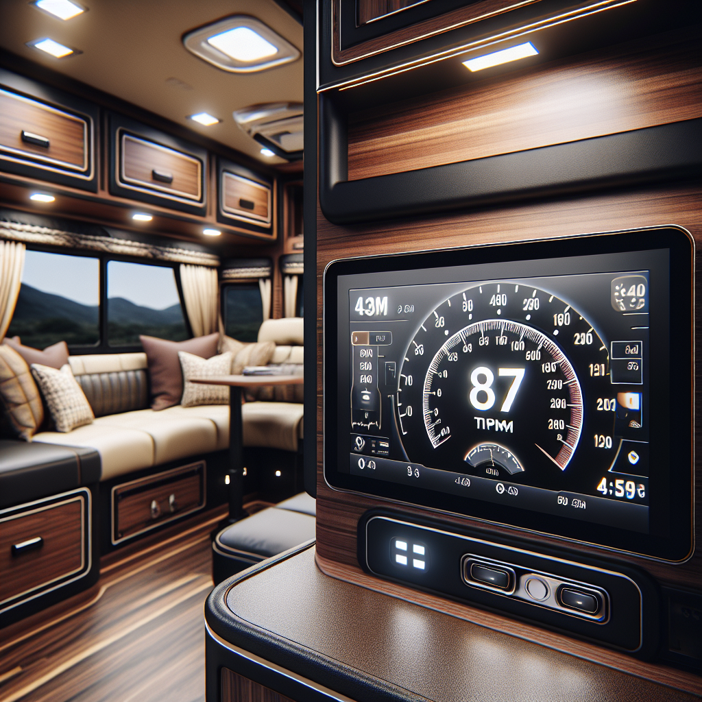 A close-up view of an RV tire pressure monitoring system display inside an RV.