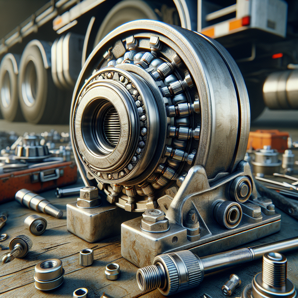 A close-up view of wheel bearings in a truck trailer's wheel assembly set in a workshop.