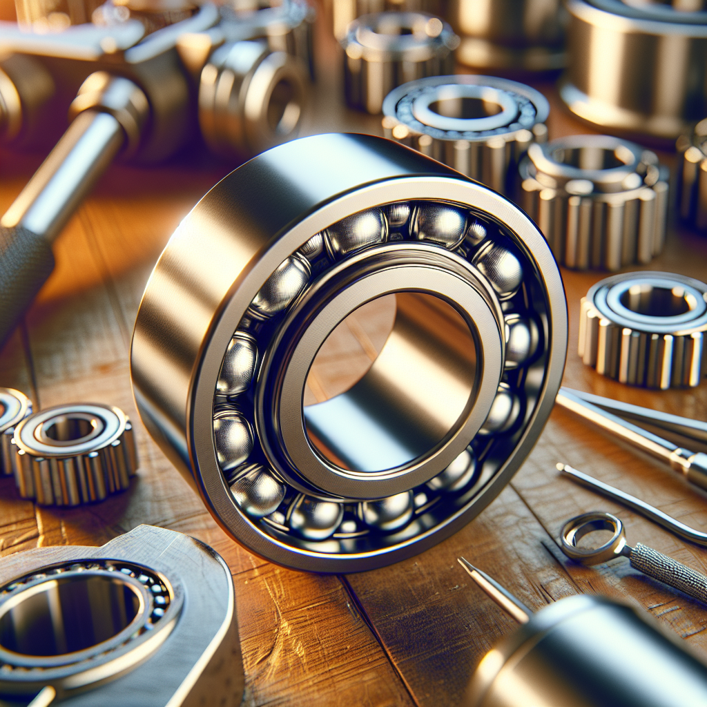 Close-up of metallic wheel bearings on a workshop table with tools.
