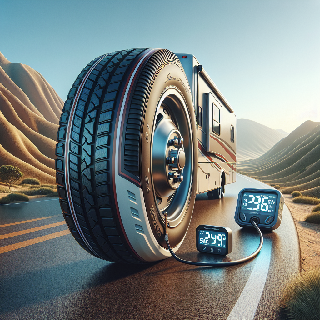 A close-up of an RV with highlighted tires and a visible tire pressure monitoring system in a scenic landscape.