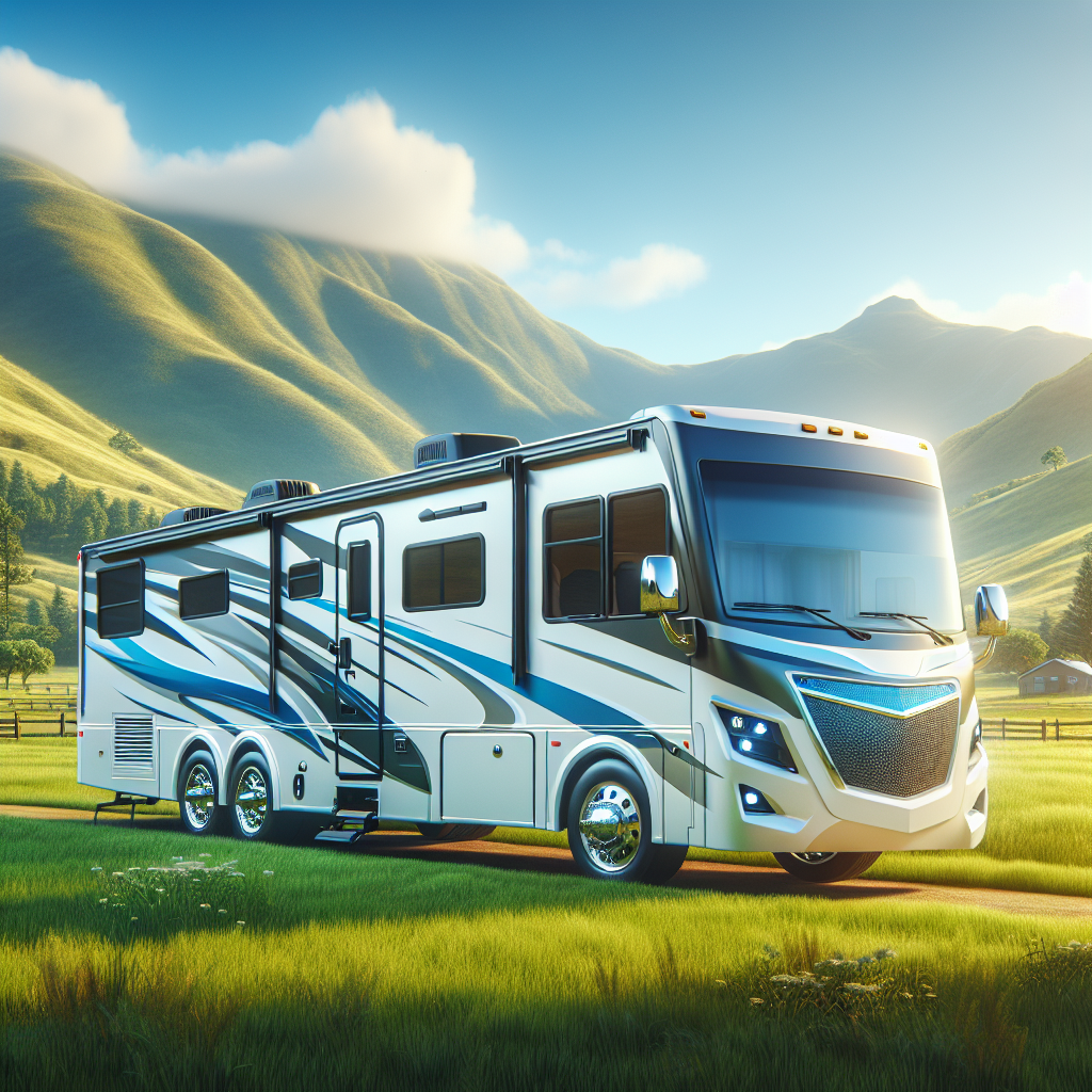 An RV parked near mountains with a visible tire pressure monitoring system.