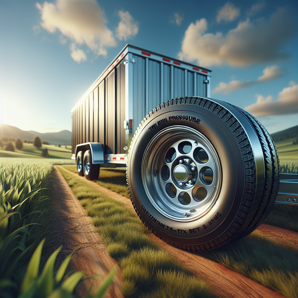 A trailer with detailed tires in a scenic outdoor setting, emphasizing the importance of proper tire pressure.