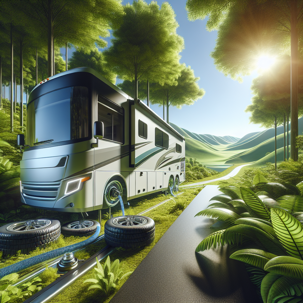A modern RV with visible tire pressure sensors parked on a scenic road.