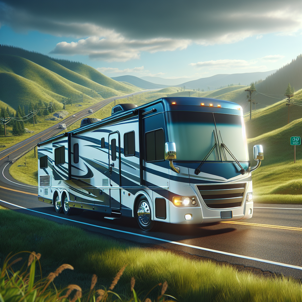 A realistic image of an RV parked on a scenic highway, highlighting its tires and surrounding landscape.