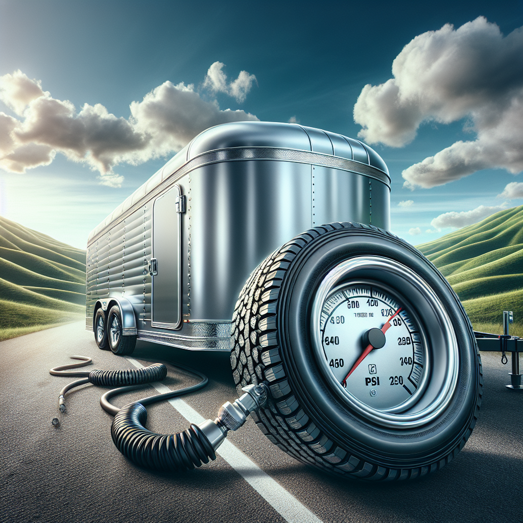 A trailer parked in the countryside showing detailed tires and a PSI gauge.