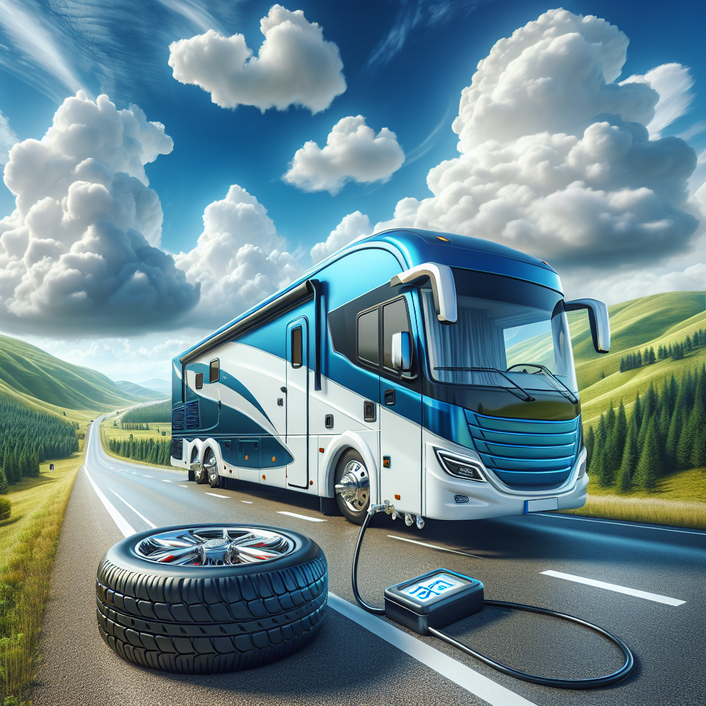 A realistic image of an RV on a scenic highway with a digital tire pressure monitoring display.