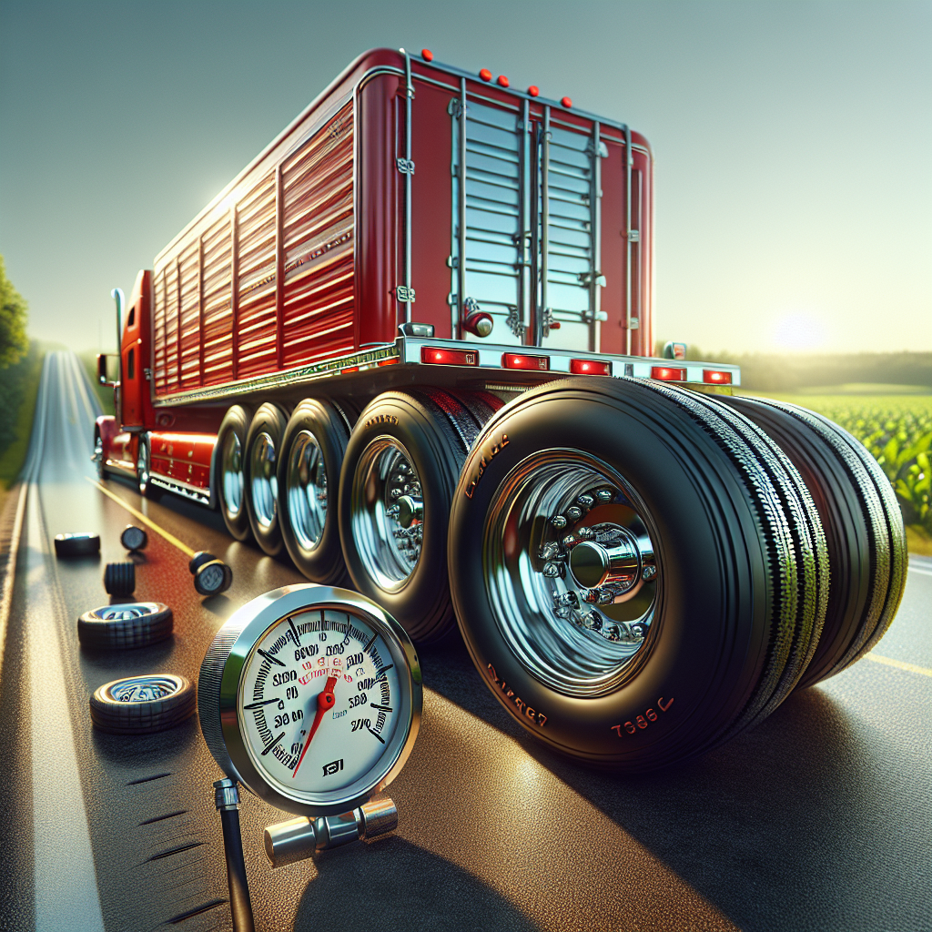 A close-up view of a heavy-duty trailer with well-marked tires and a pressure gauge, set on a scenic highway.