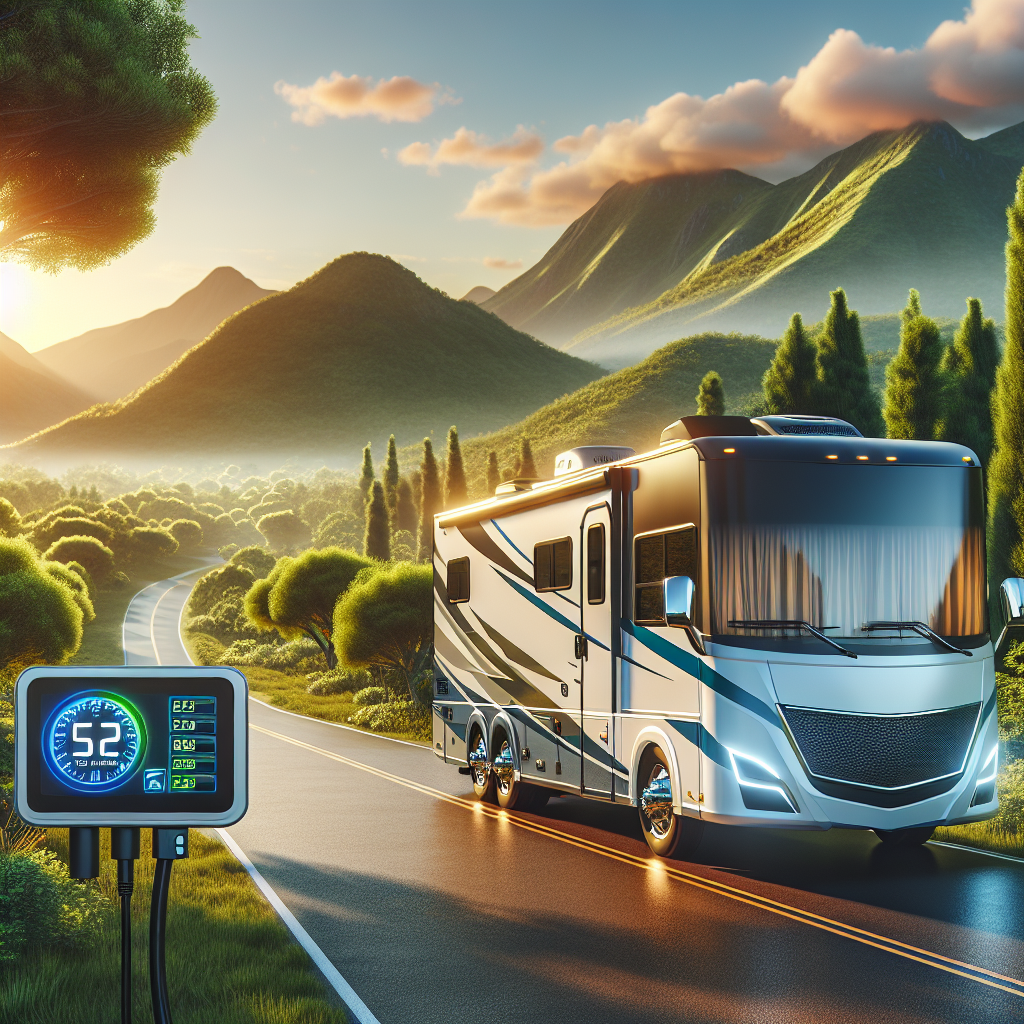 An RV on a scenic road with a focus on a tire pressure monitoring system display.