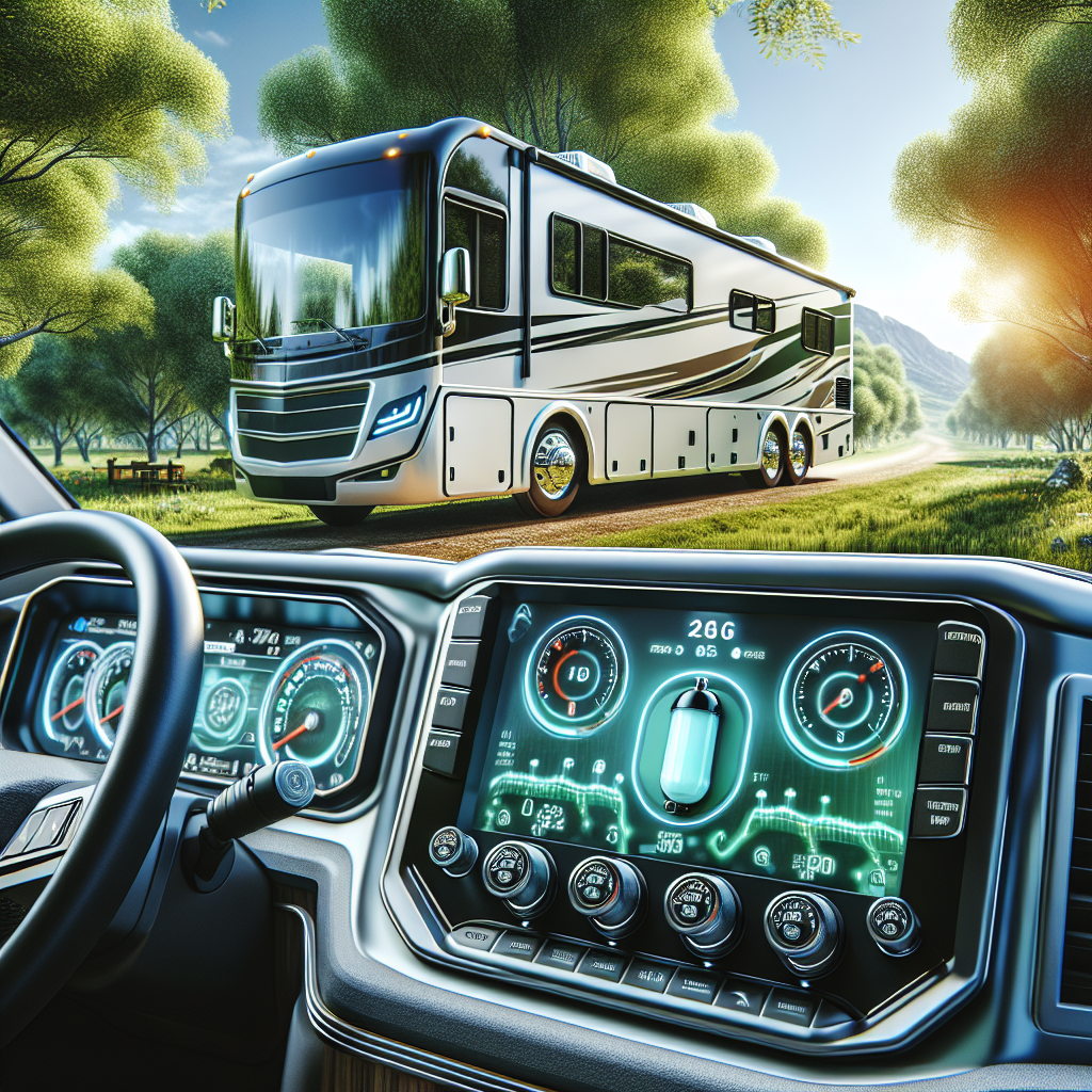 A realistic depiction of an RV with a tire pressure monitoring system in a scenic outdoor setting.