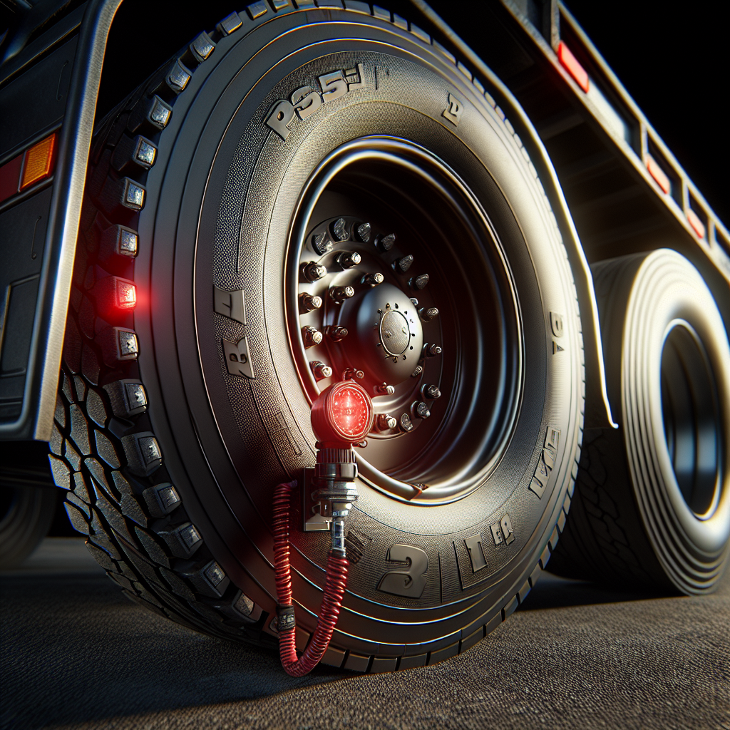 A close-up of a trailer tire with an illuminated PSI light indicator.