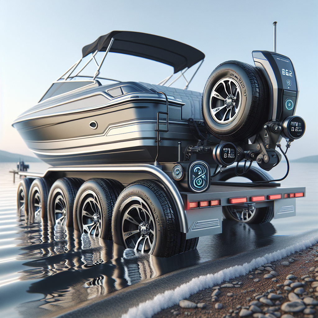 A boat trailer with a tire pressure monitoring system setup by a serene lakeside.