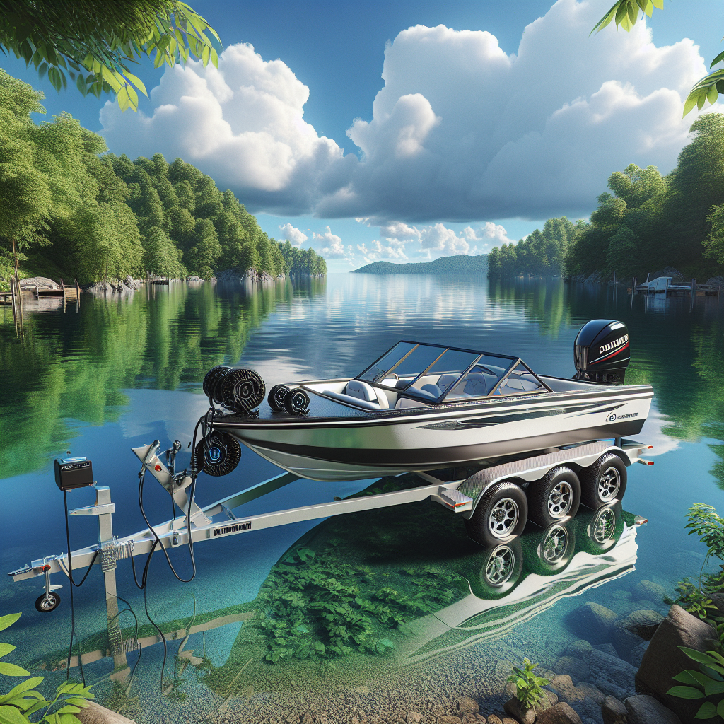 A boat trailer with a TPMS parked by a scenic lake.