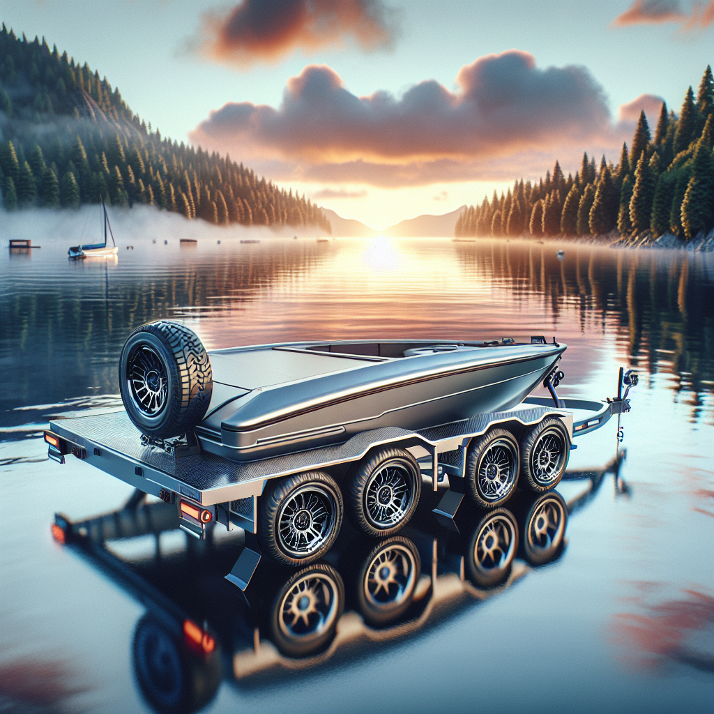 A modern boat trailer with a tire pressure monitoring system beside a calm lake at sunrise.