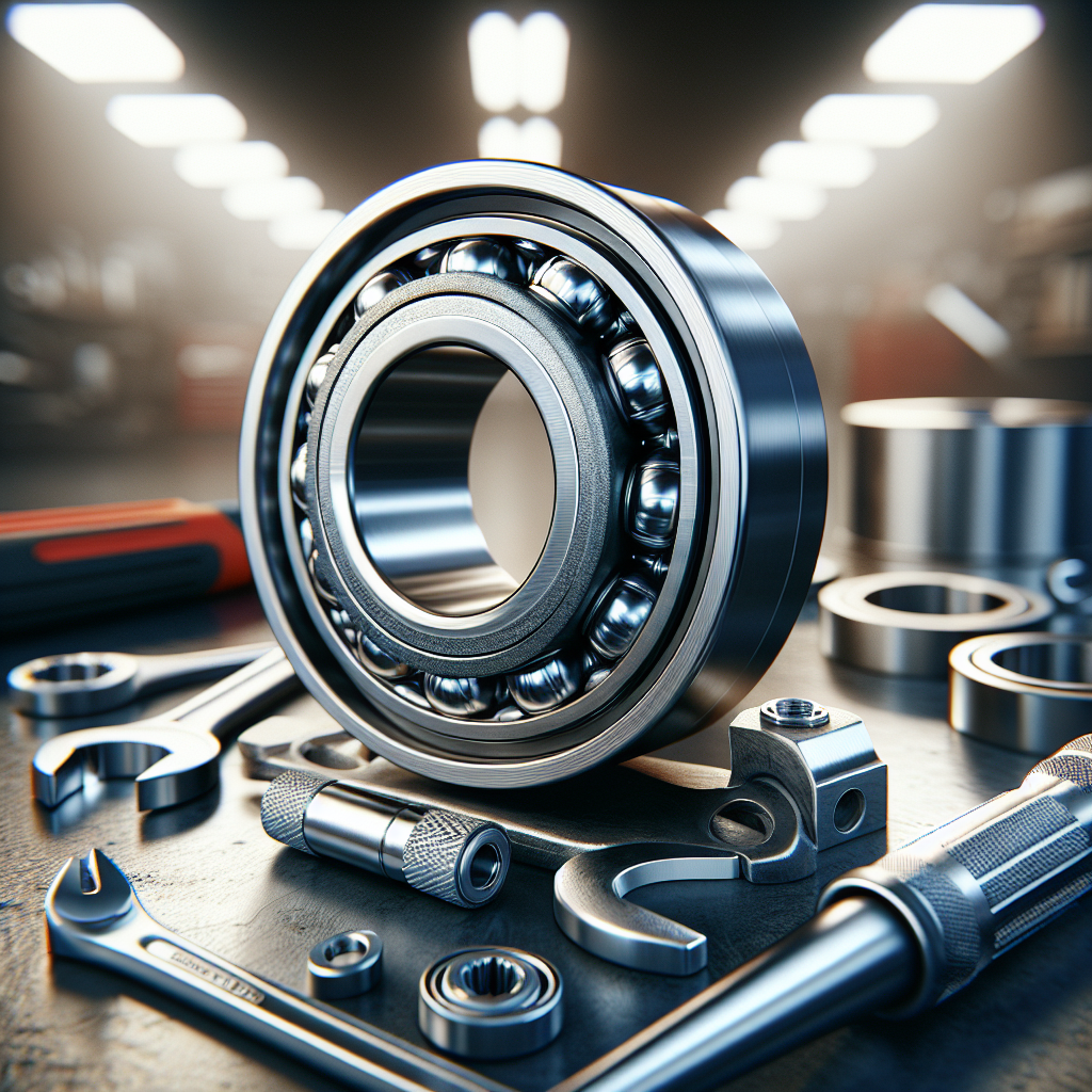 A detailed trailer wheel bearing with maintenance tools in a garage.
