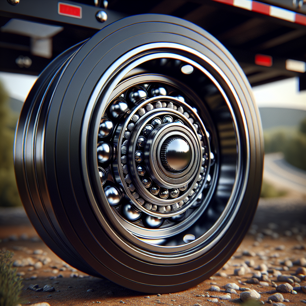 A close-up image of a trailer wheel bearing assembly with a blurred outdoor background.