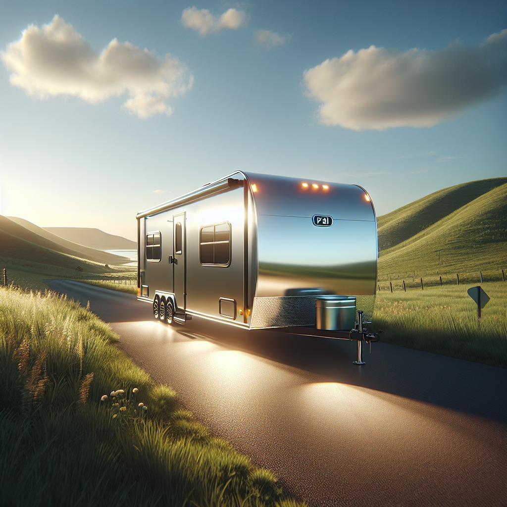 A trailer with a glowing PSI light parked on a peaceful countryside road.