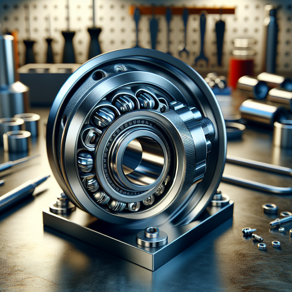 A detailed view of a trailer wheel bearing assembly in a workshop setting.