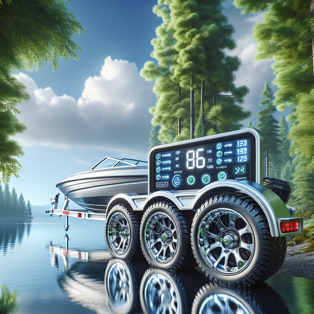 A boat trailer with a tire pressure monitoring system by a lake.