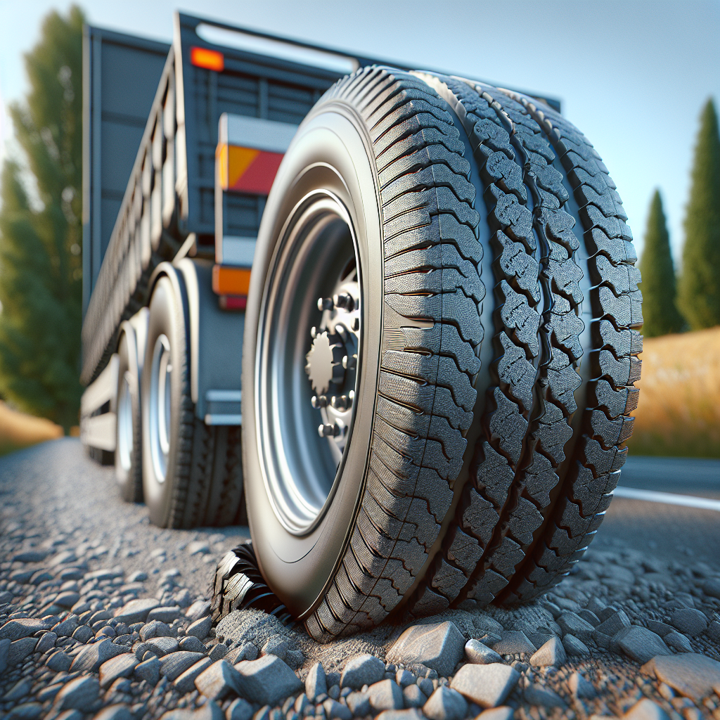 Close-up of trailer tyres on a gravel road, showing one under-inflated and one properly inflated tyre.