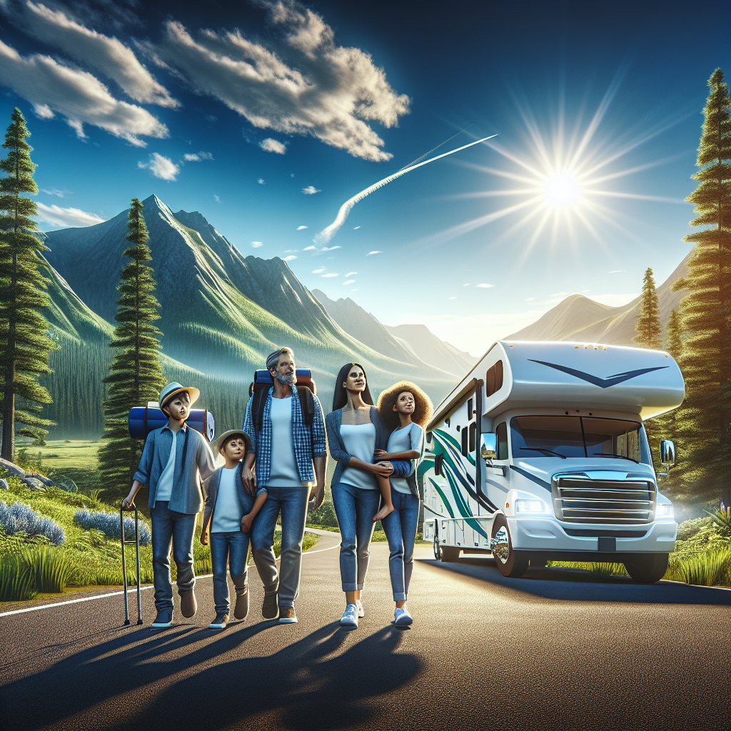 A family traveling in a recreational vehicle on an open road with scenic landscapes.
