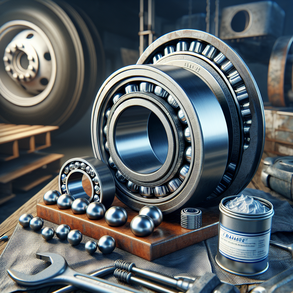Close-up of trailer wheel bearings, including roller and ball bearings, with a grease container in a workshop setting.