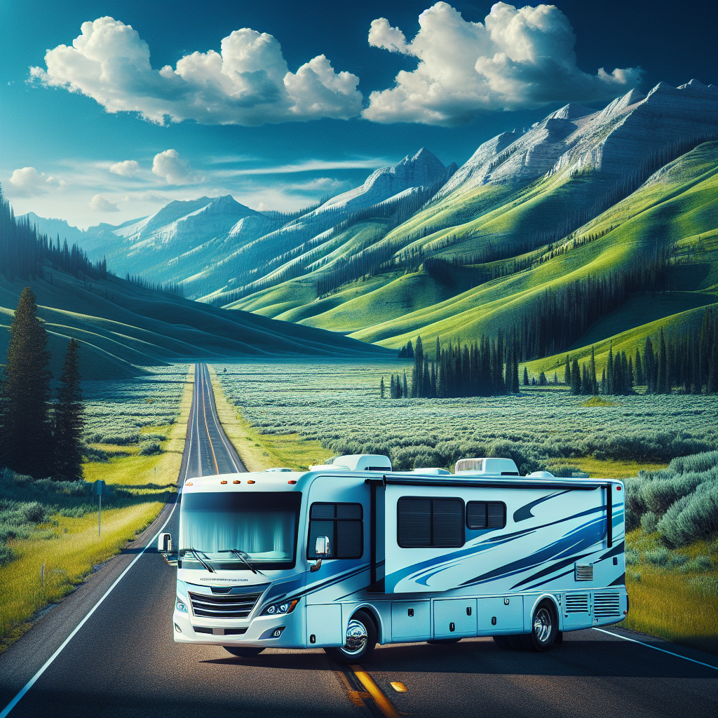 An RV traveling on a scenic road amidst beautiful landscapes.