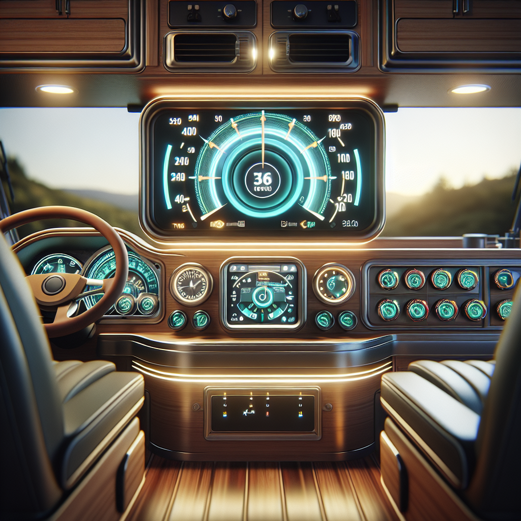 A digital dashboard of a camper showcasing a tire pressure monitoring system.