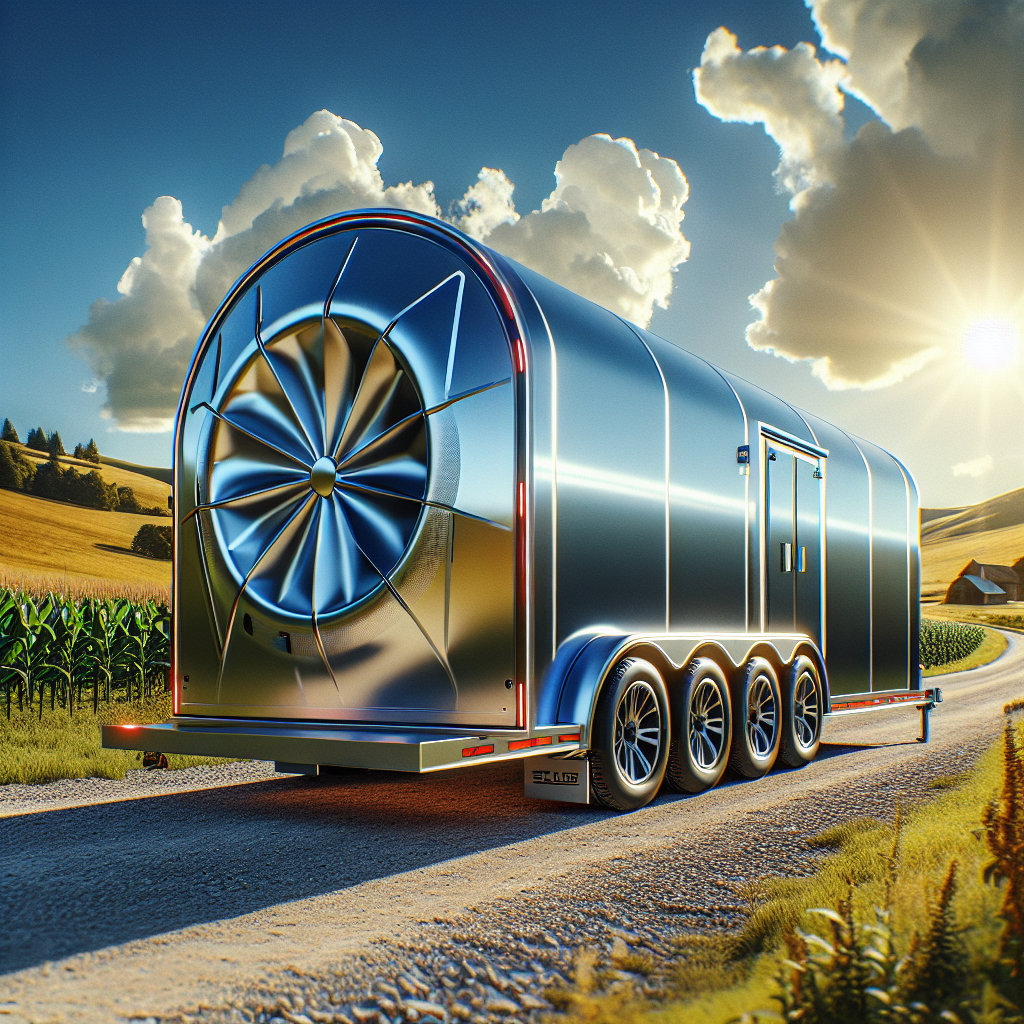 A trailer parked on a rural road with rolling green hills and a clear blue sky.