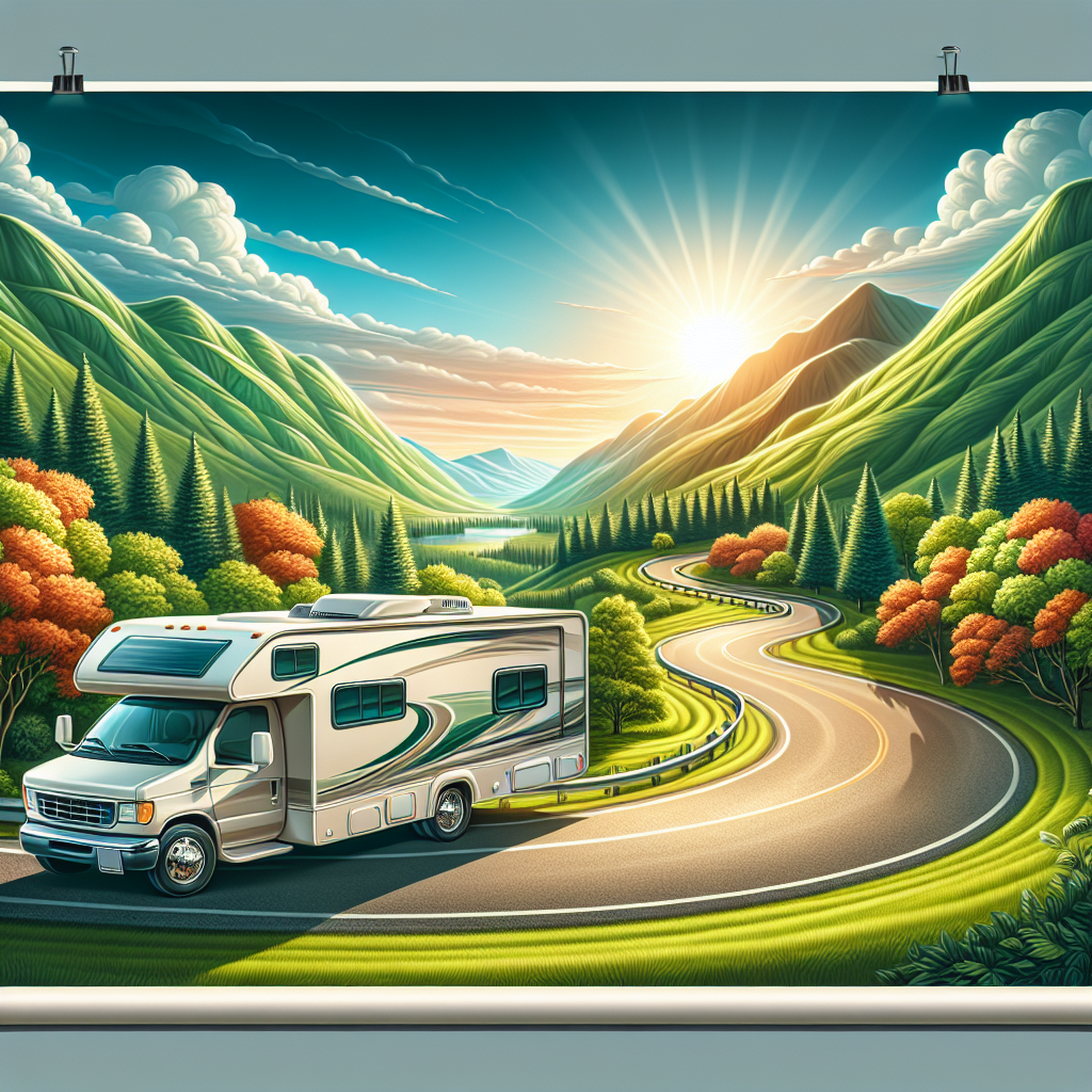 A camper parked on a scenic road with mountains in the background.