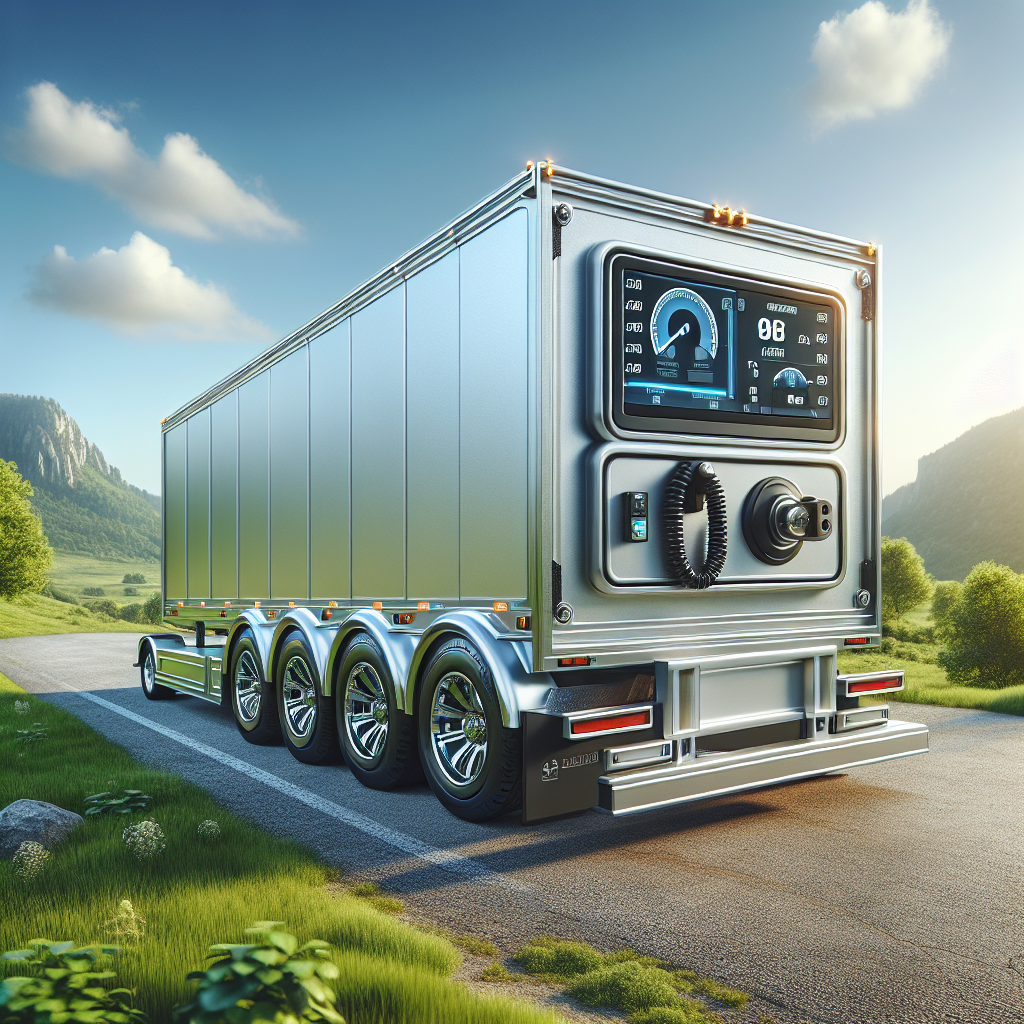 A modern trailer with a tire pressure monitoring system parked on a road, surrounded by greenery.