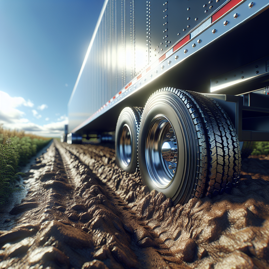A trailer with a close-up of its tire on a dirt road under a clear sky.