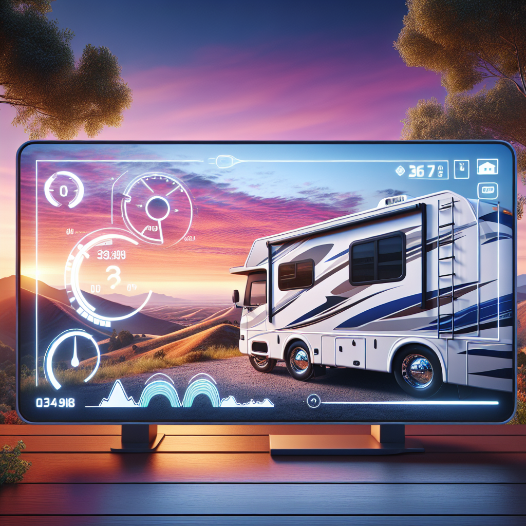 A realistic depiction of an RV parked at a scenic overlook with a focus on tire pressure monitoring.
