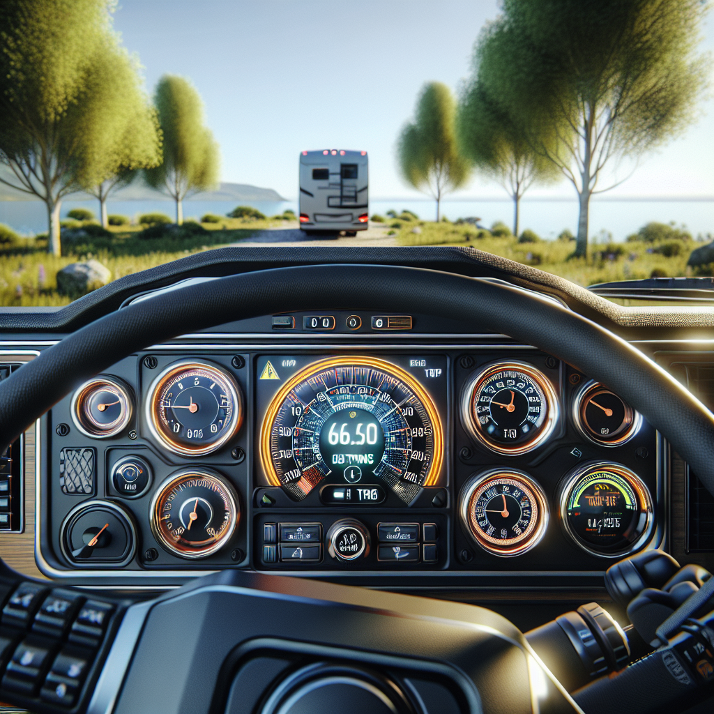 A camper dashboard showing a tire pressure monitoring system with visual alerts.