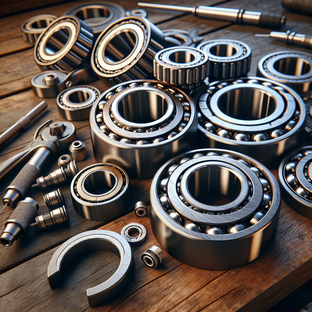 An arrangement of trailer wheel bearings on a workbench with a grease gun.