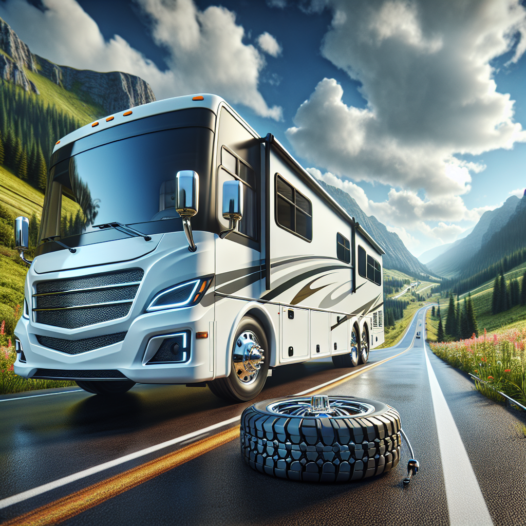 An RV on a scenic highway surrounded by green hills and flowers, highlighting tire safety.