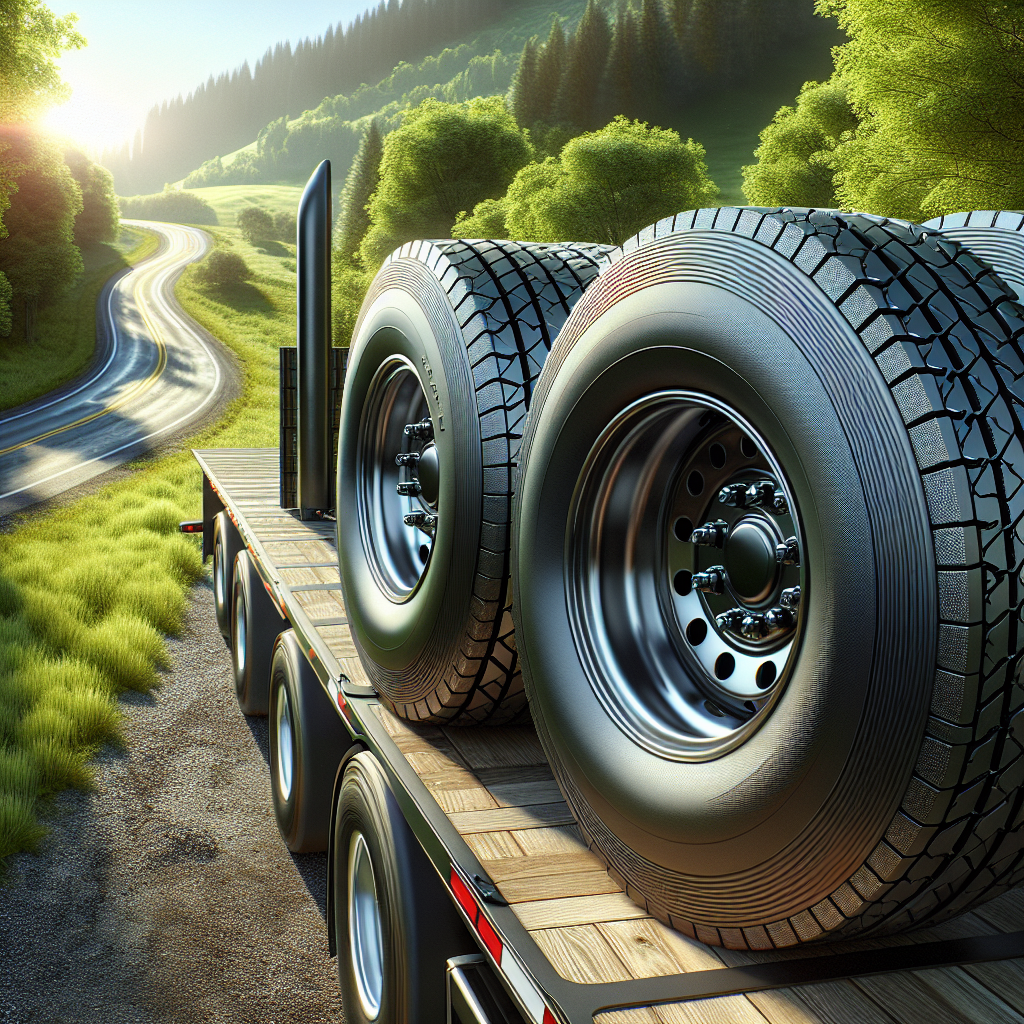 Close-up of well-maintained tires on a trailer on a winding road.