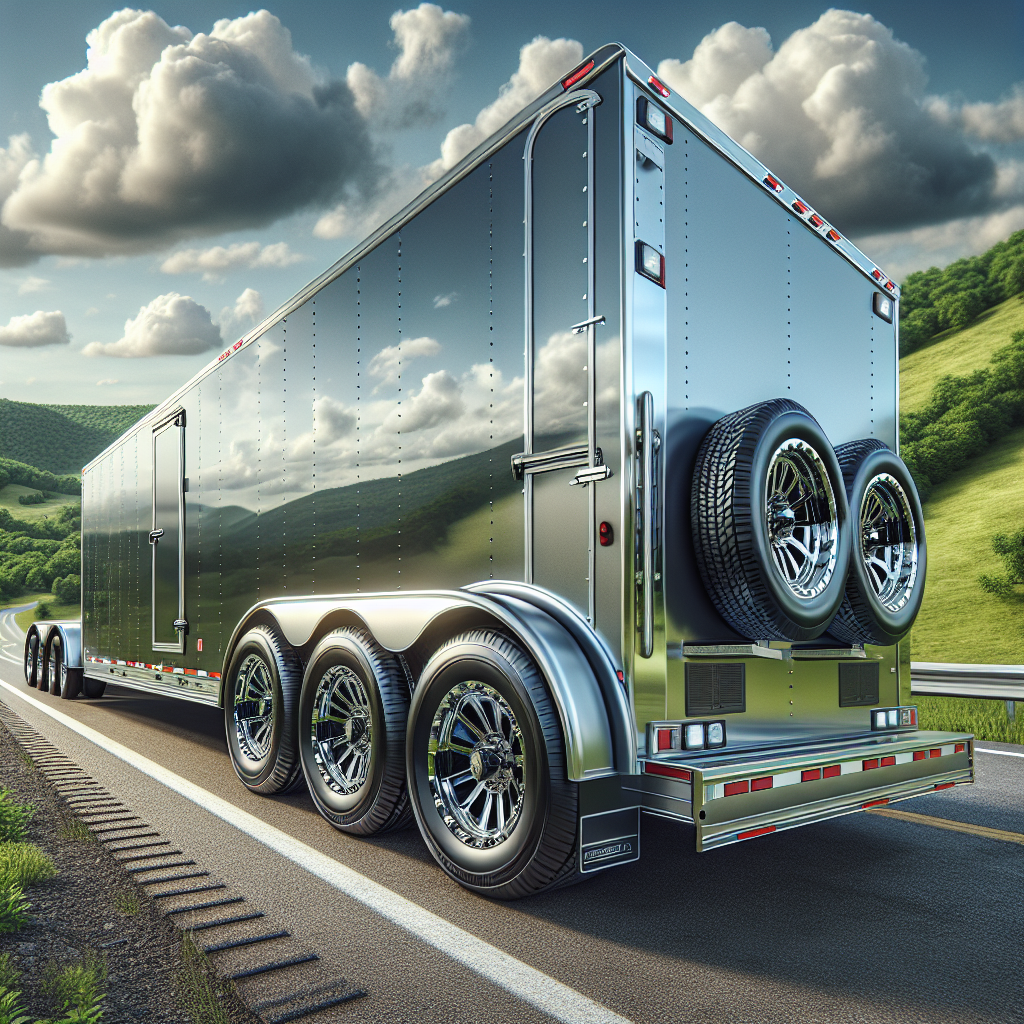 A trailer parked on a highway with well-inflated tires, showcasing scenic hills and a blue sky.