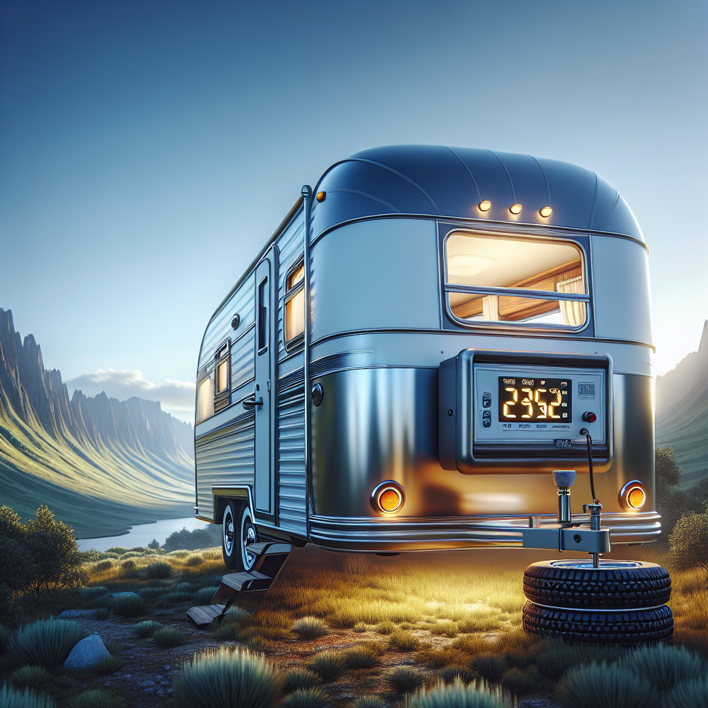A travel trailer with a digital TPMS display in a scenic landscape.