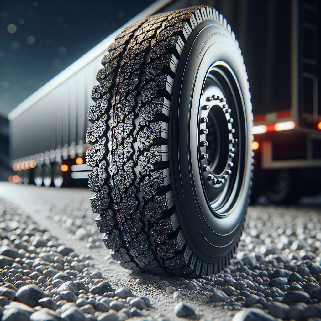 Close-up of a trailer tire on a gravel road.