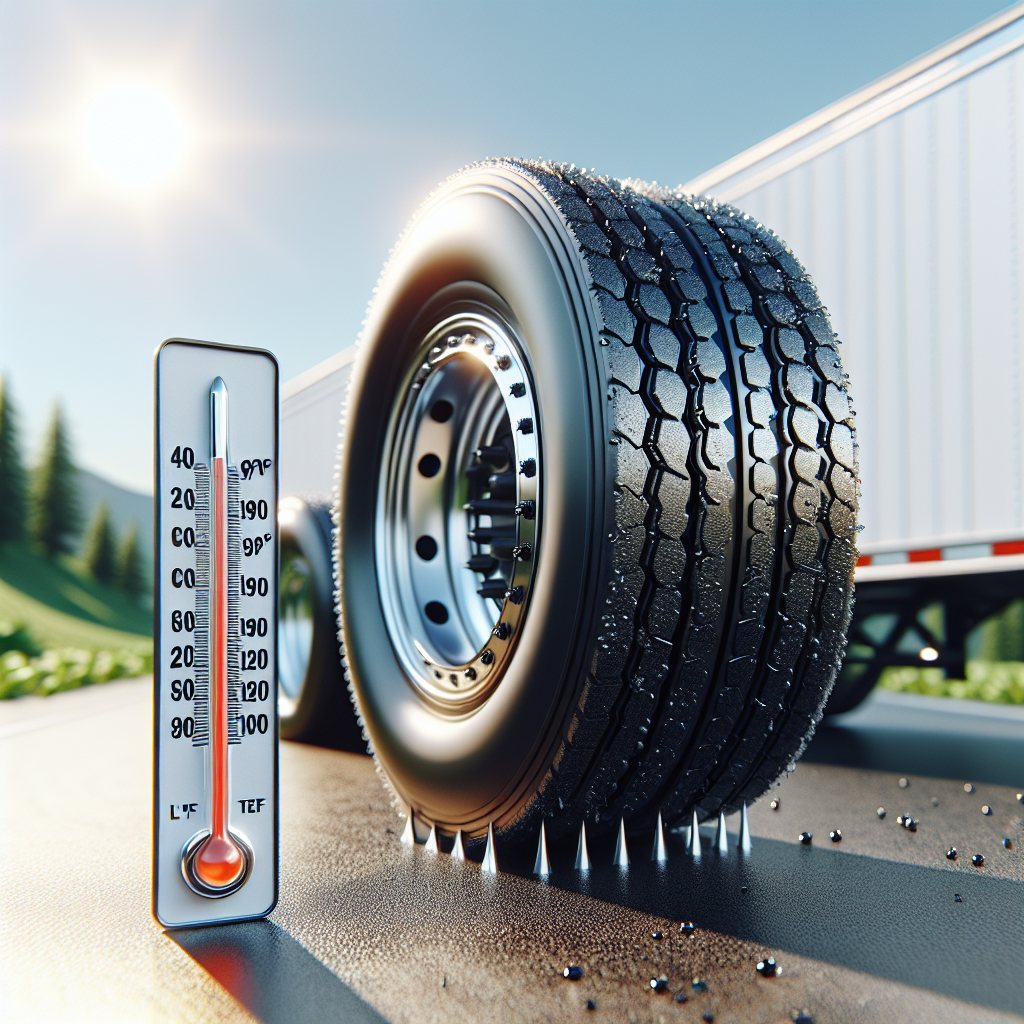 A realistic trailer tire on asphalt with a thermometer beside it, depicting safe temperature levels.