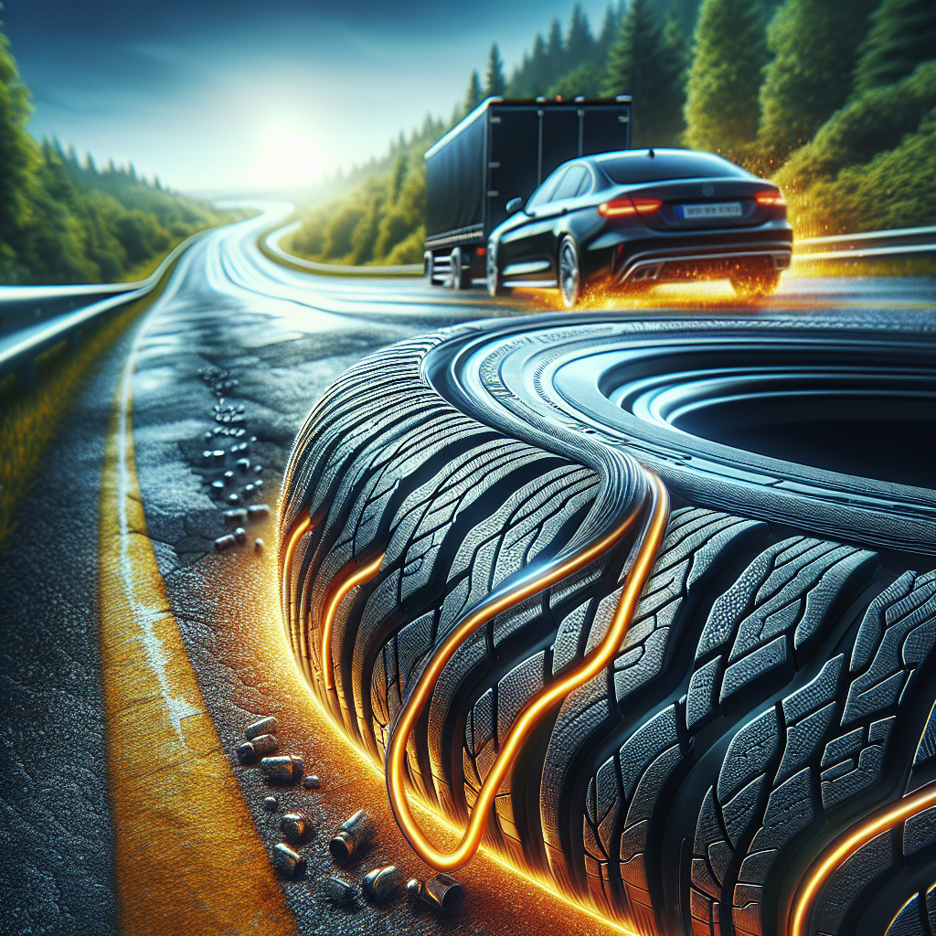 Close-up of a tire highlighting wear, with a car towing a trailer on a sunny road.