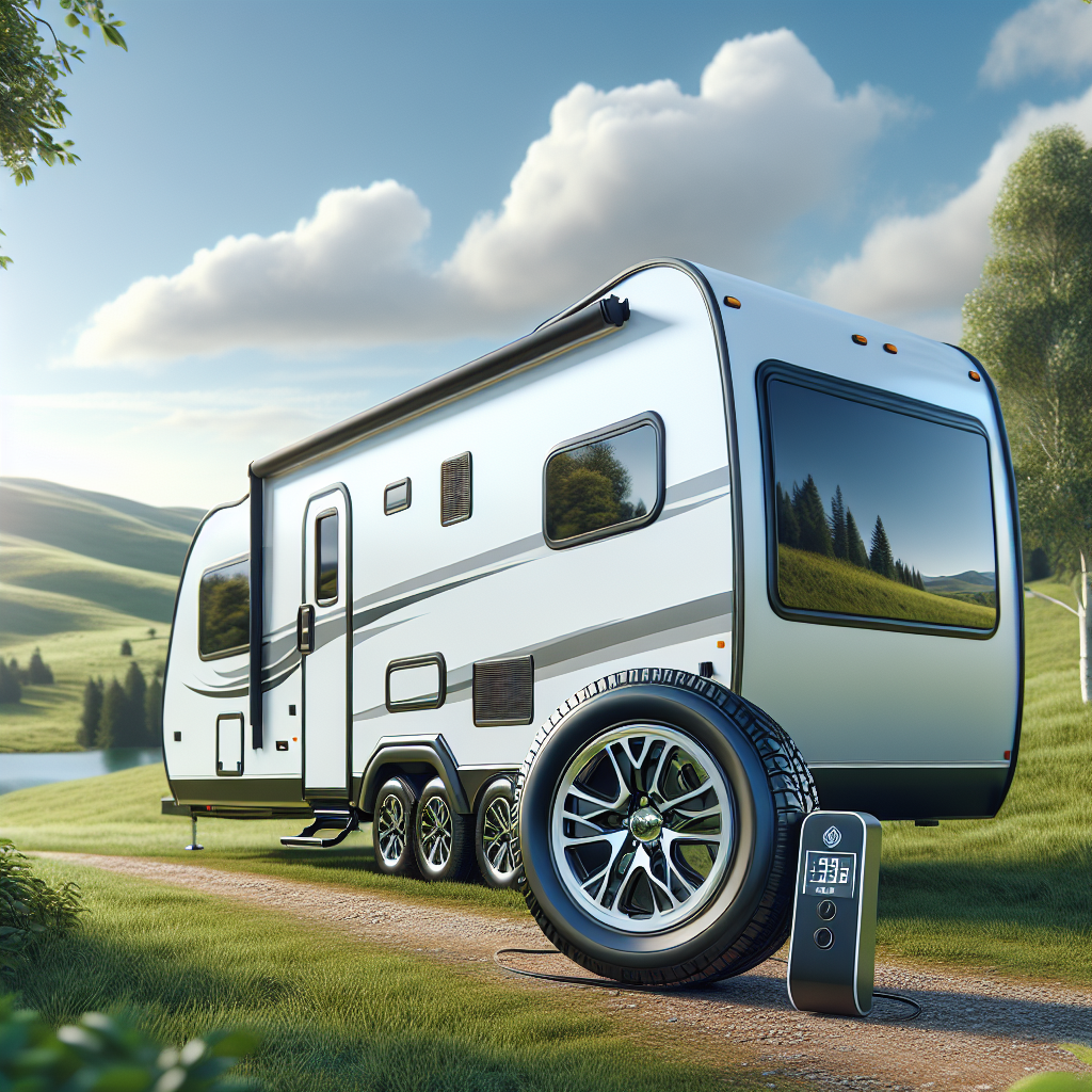 A travel trailer with a close-up of its tires and a tire pressure monitoring system in a countryside setting.