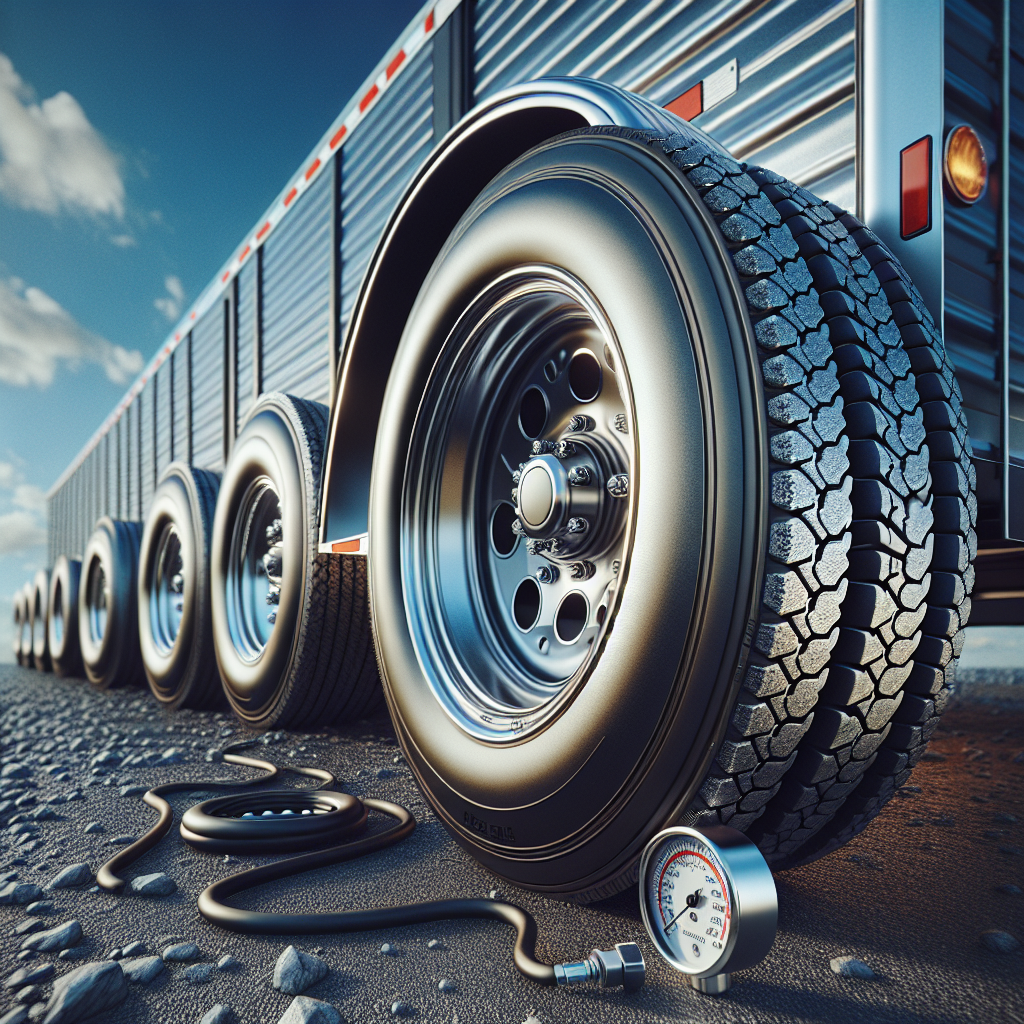 A well-maintained trailer with visible details on its tires, set against a clear sky.